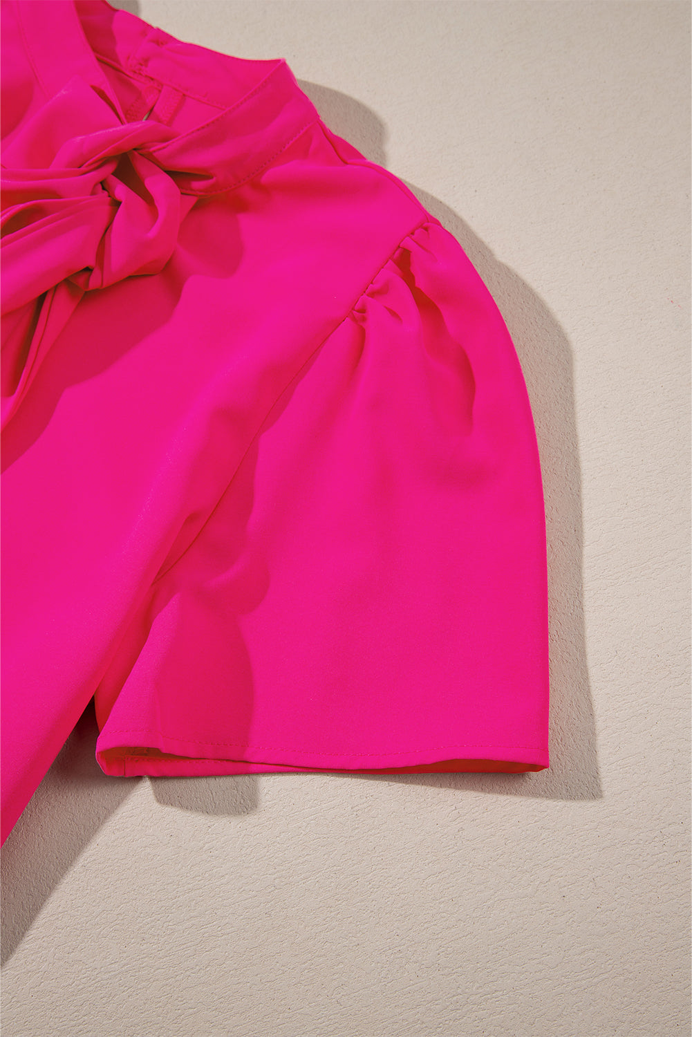 Bright Pink Solid Color Ribbon Tie Neck Ruffled Mini Dress