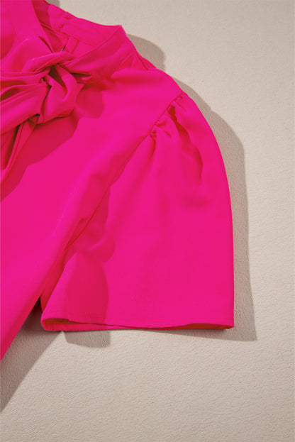 Bright Pink Solid Color Ribbon Tie Neck Ruffled Mini Dress