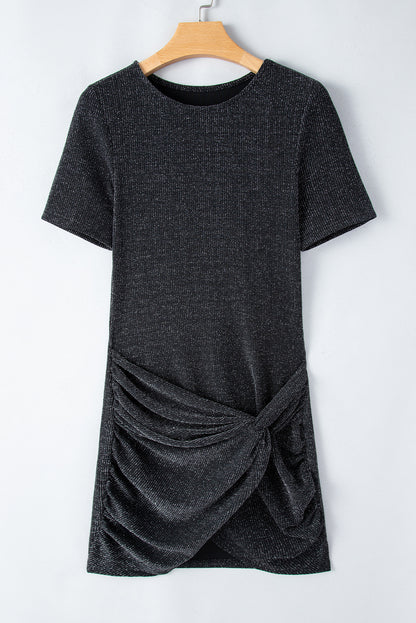 Black Metallic Twist Front Crew Neck Mini Dress