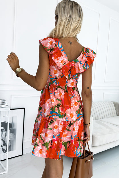 Fiery Red Floral Sleeveless V Neck Frill Mini Dress