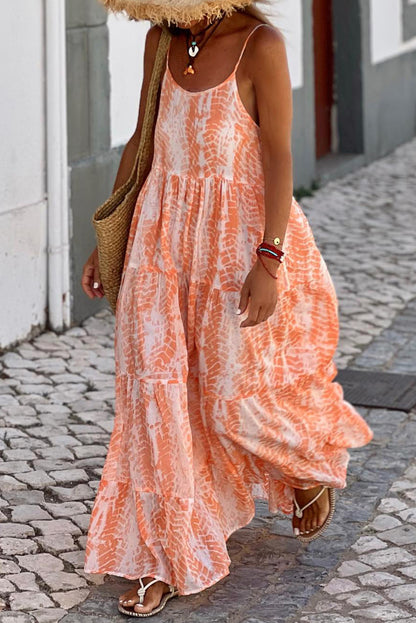 Orange Abstract Print Spaghetti Straps Backless Tiered Maxi Dress