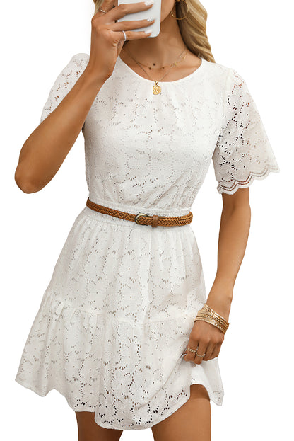 Beige Scalloped Floral Lace Crochet Short Sleeve Mini Dress