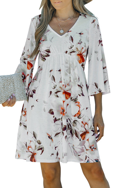 White V Neck 3/4 Sleeve Floral Dress