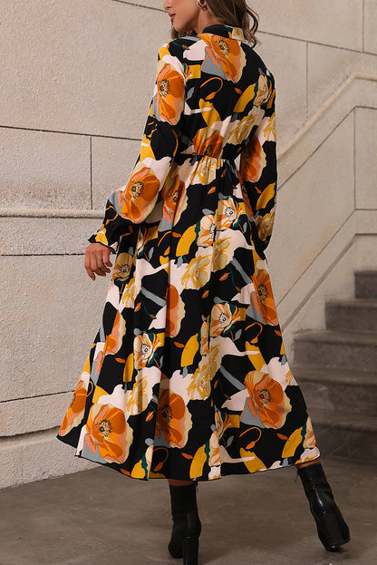 Orange Floral Print Tie Neck Long Sleeve Dress