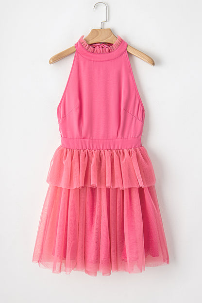 Strawberry Pink Gauze Ruffle Tiered Knotted Halter Dress