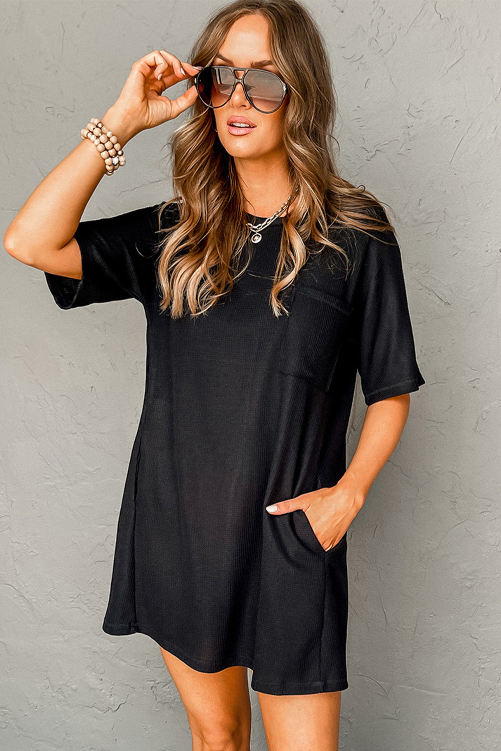 Black Waffle Knit T-shirt Dress with Pockets