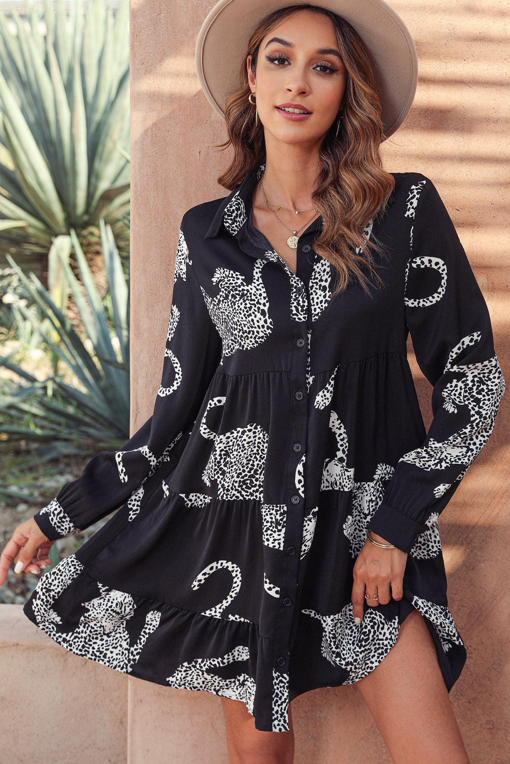 Black Leopard Print Button-up Long Sleeve Shirt Mini Dress