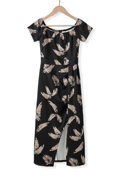 Black Pattern Print Off Shoulder Slit Bodycon Midi Dress