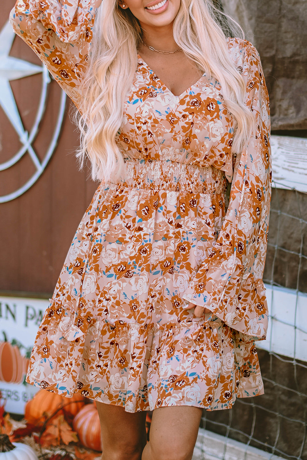 Orange Floral Smocked Waist Dress