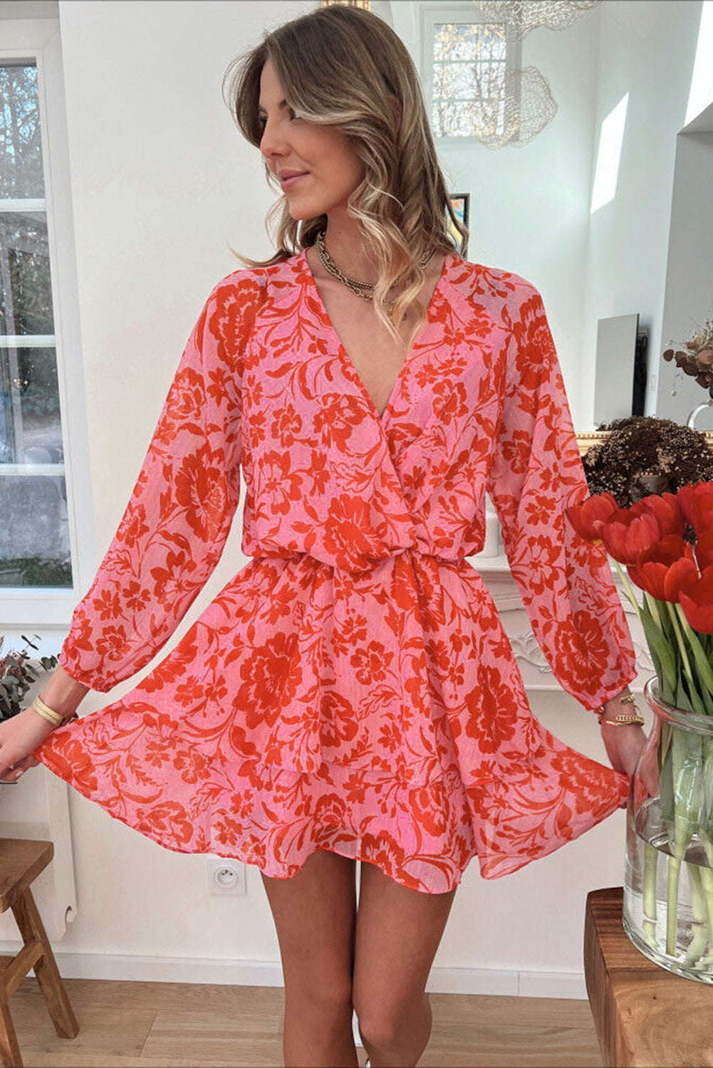 Fiery Red Floral Ruffle Layered Puff Sleeve Surplice Dress