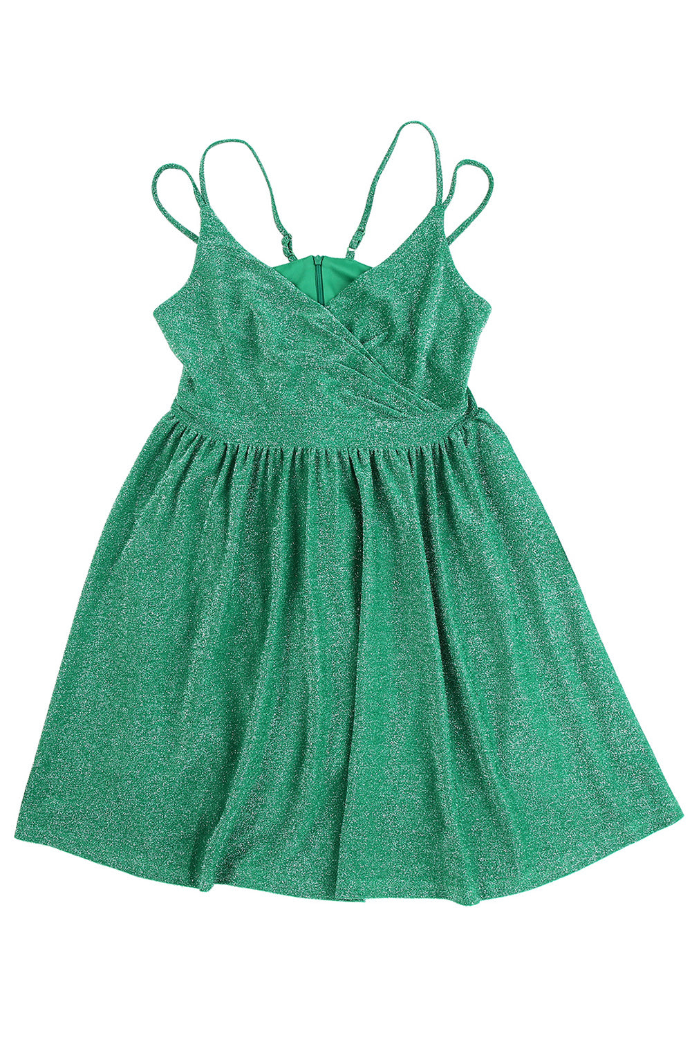 Green Double Straps Metallic Shining Skater Dress