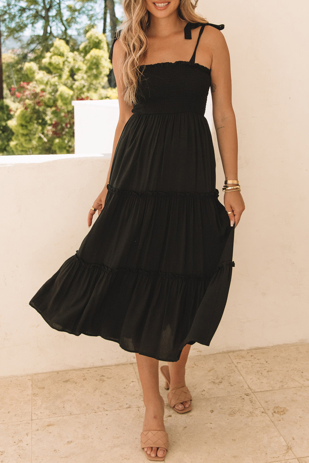 Black Tie Strap Smocked Frill Tiered Midi Dress