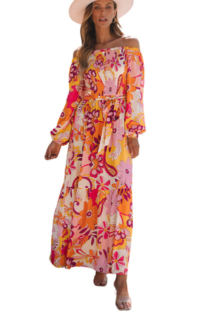 Multicolour Boho Floral Smocked Off Shoulder Puff Sleeve Maxi Dress