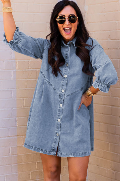 Sky Blue Buttoned Long Sleeve Denim Mini Dress