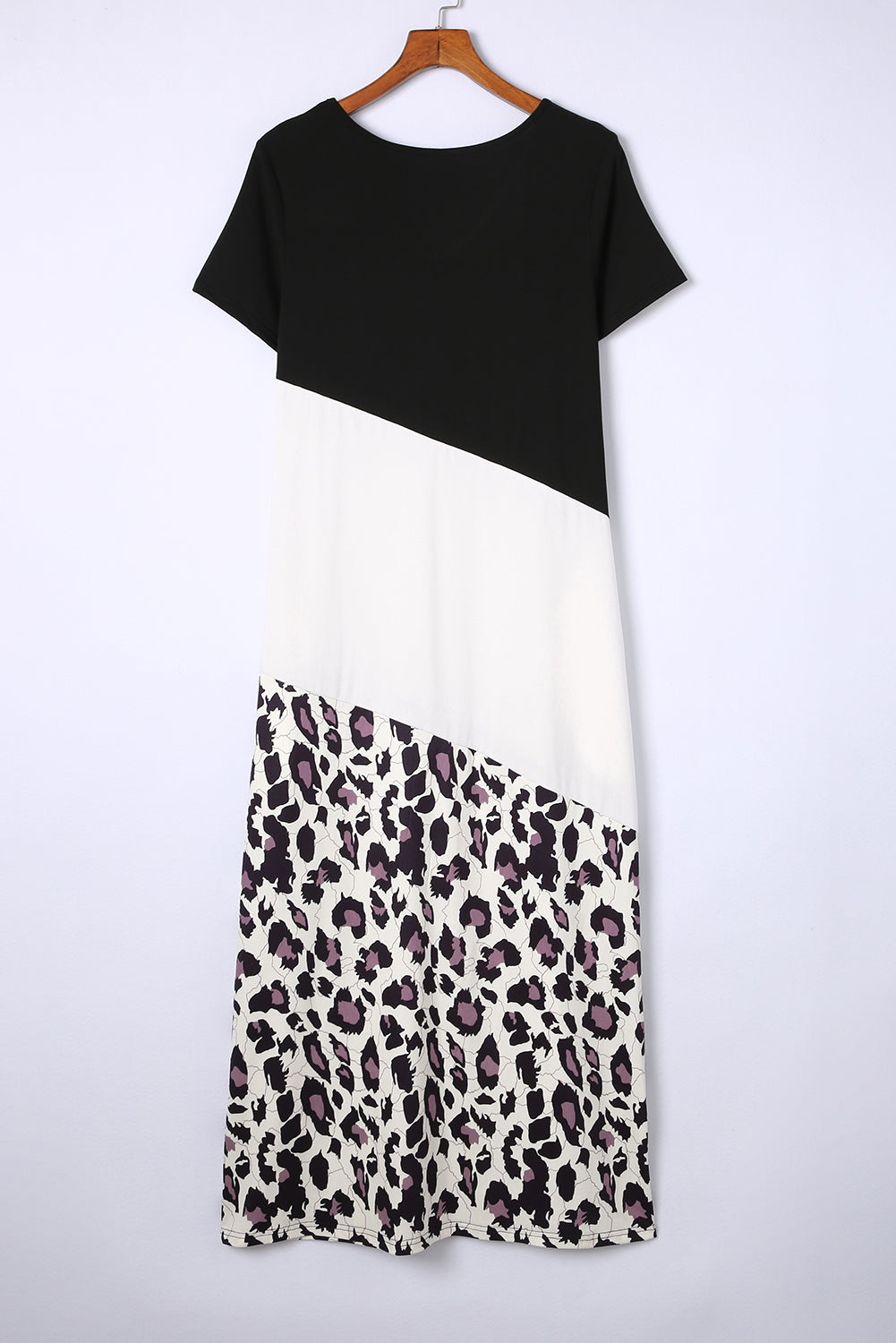 Black Leopard Color Block Side Slit T Shirt Maxi Dress