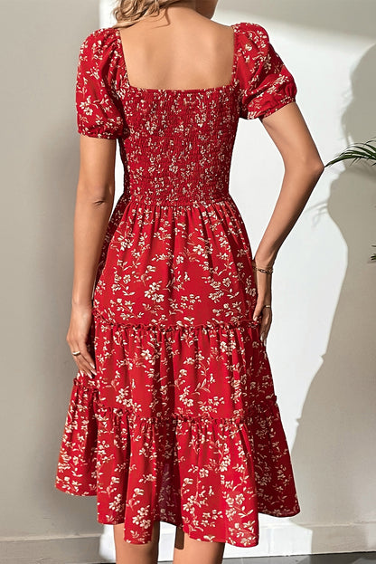 Red Boho Flower Smocked Square Neck Tiered Midi Floral Dress