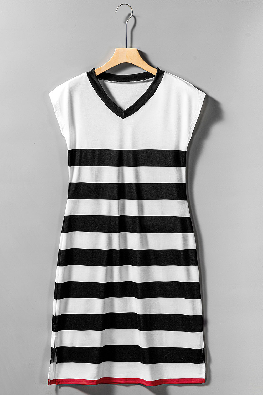 Stripe V Neck Cap Sleeve Midi Dress