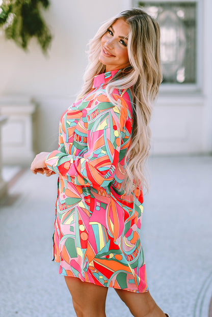 Multicolor Geometric Abstract Print Long Sleeve Shirt Dress