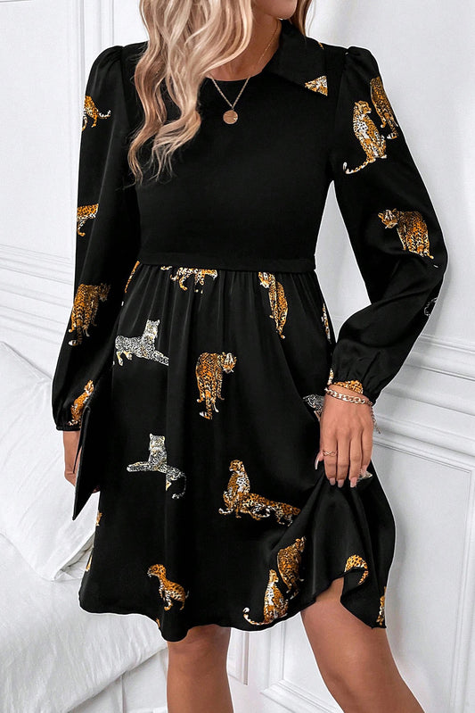 Black Vivid Leopard Print Long Sleeve Swing Dress