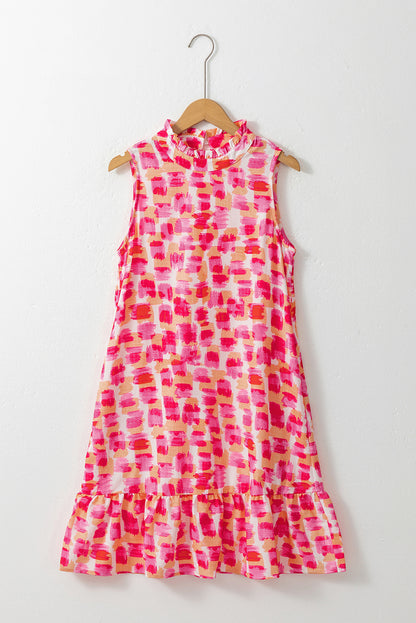 Pink Abstract Print Frilly Neck Sleeveless Mini Dress