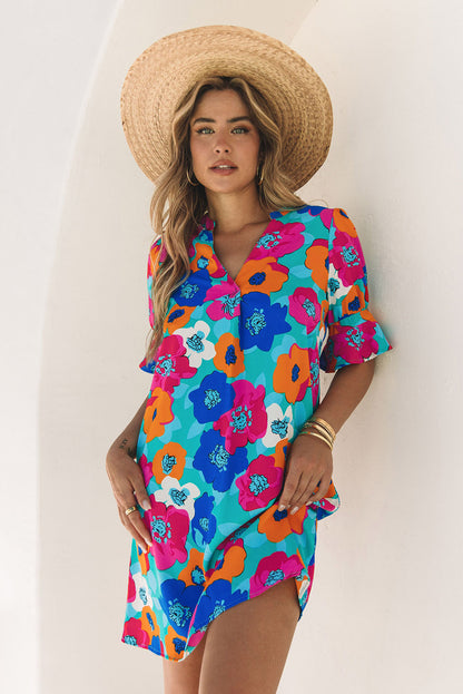 Multicolor Split V Collar Ruffle Sleeve Floral Shift Dress