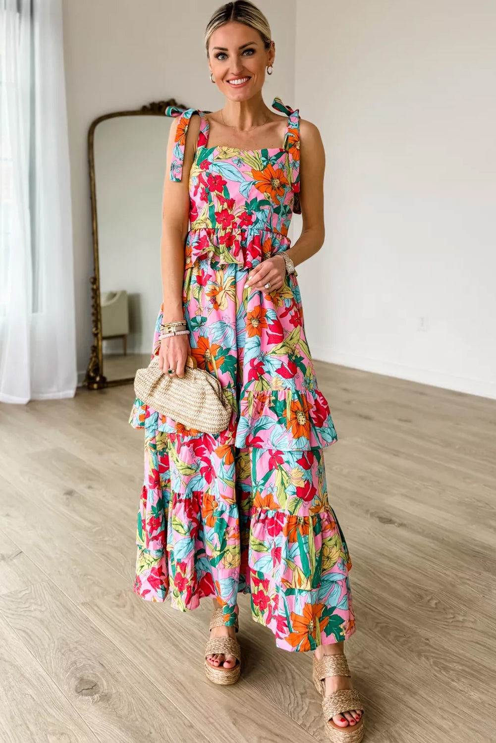 Multicolour Floral Print Shirred Backless Tiered Ruffled Maxi Dress