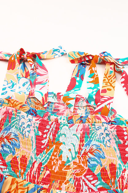 Multicolor Vibrant Tropical Print Smocked Ruffle Tiered Maxi Dress