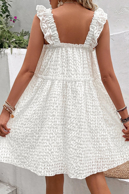 White Plaid Ruffled Straps Flowy Sleeveless Dress