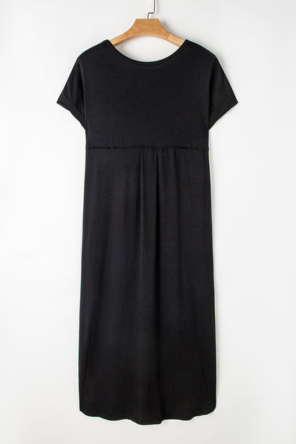 Black V Neck Hidden Pocket Splits Maxi T-shirt Dress