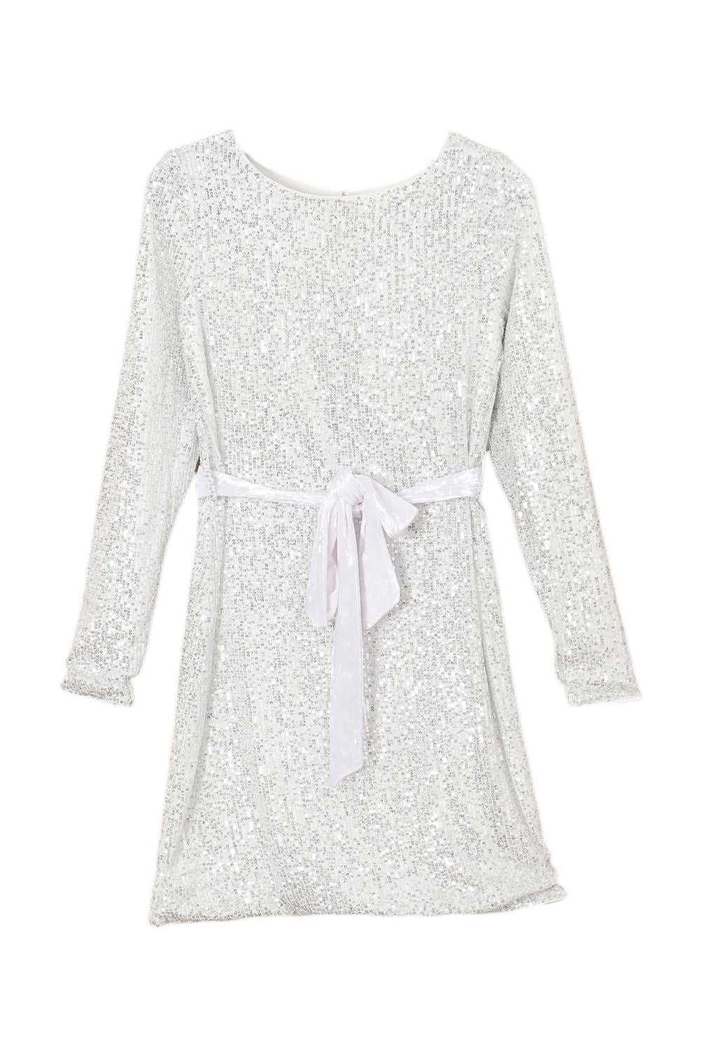 Silvery Sequin Long Sleeve Tie Waist Mini Dress