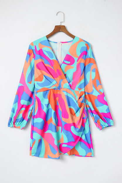 Multicolor Abstract Print Wrap V Neck Puff Sleeve Dress