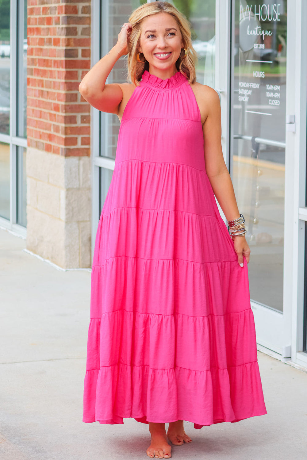 Rose Red High Frilled Neck Tiered Sleeveless Maxi Dress