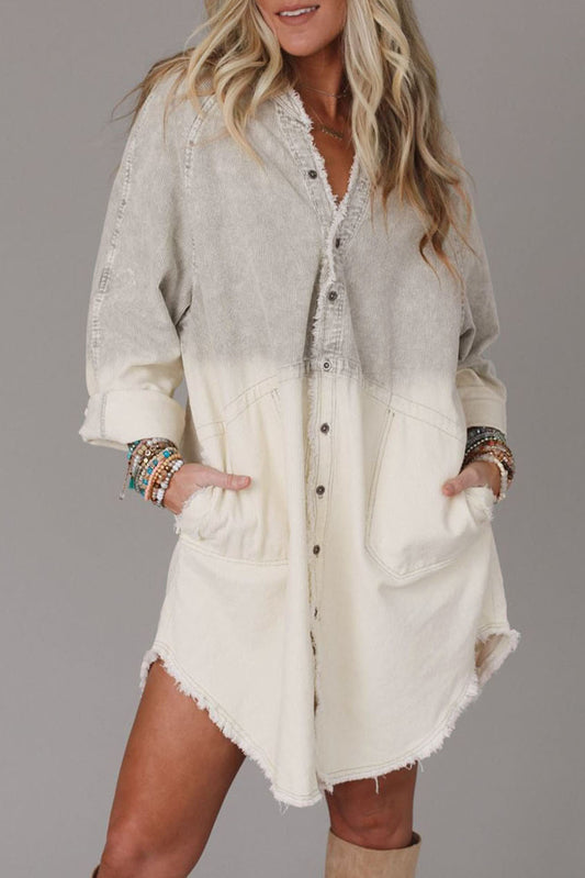 Gray Gradient Long Sleeve Button Up Raw Hem Denim Dress