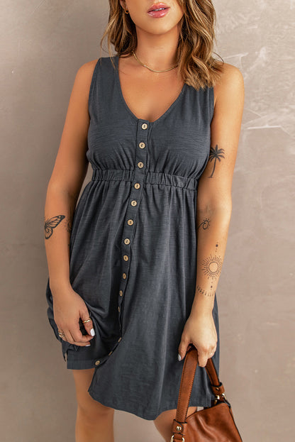 Gray Buttons Sleeveless High Waist Mini Dress