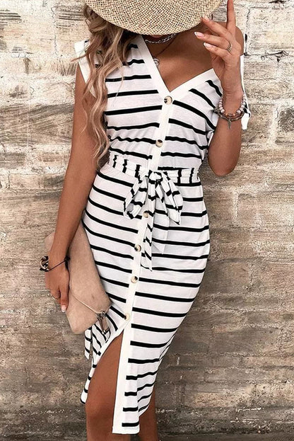 Striped Button Slit Tie V-Neck Midi Dress