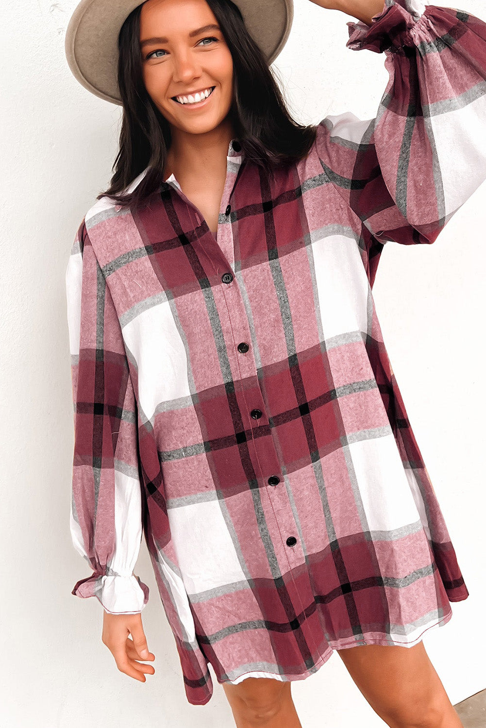 Plaid Pattern Collared Neck Ruffled Sleeve Shirt Dress