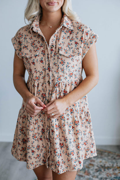 Pink Short Sleeve Flap Pockets Shirt Floral Dress