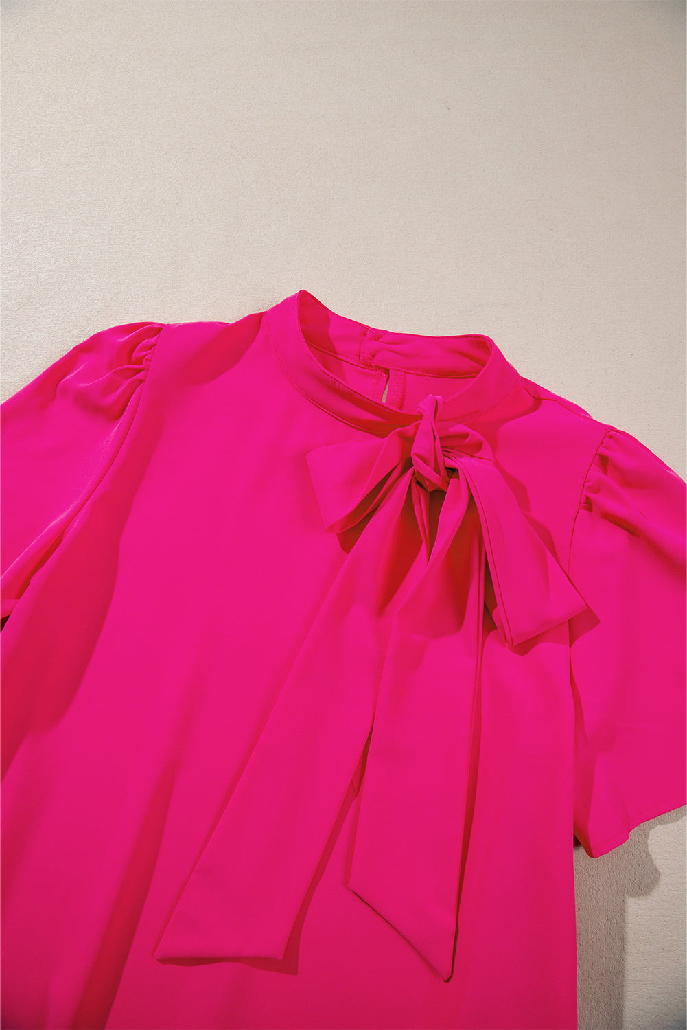 Bright Pink Solid Color Ribbon Tie Neck Ruffled Mini Dress