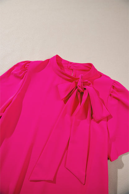 Bright Pink Solid Color Ribbon Tie Neck Ruffled Mini Dress