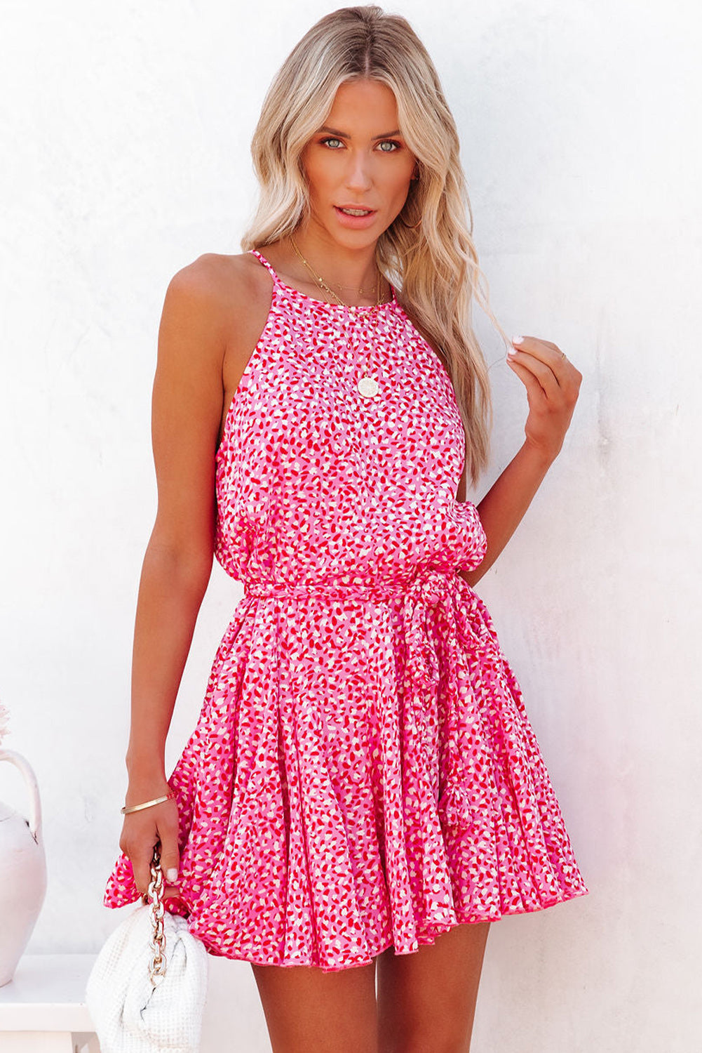 Pink Leopard Print Sleeveless Mini Dress with Waist Tie