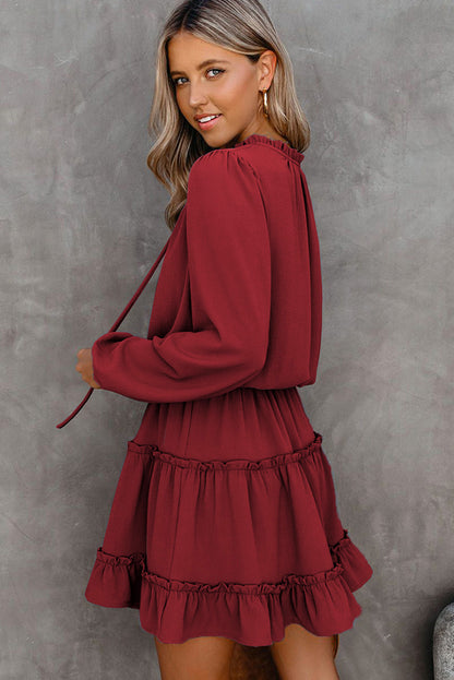 V Neck Long Sleeve Ruffle Tiered Mini Dress