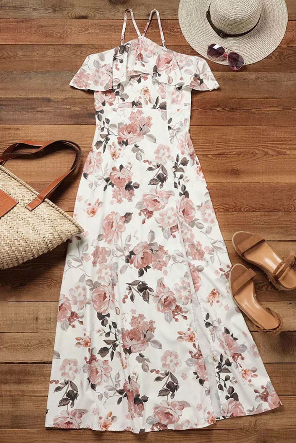 White Floral Slit Ruffled Halterneck Maxi Dress