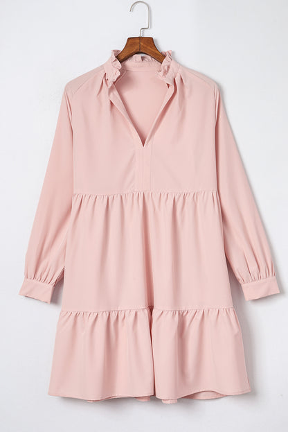 Pink Frilled Stand Collar Long Sleeve Ruffle Dress