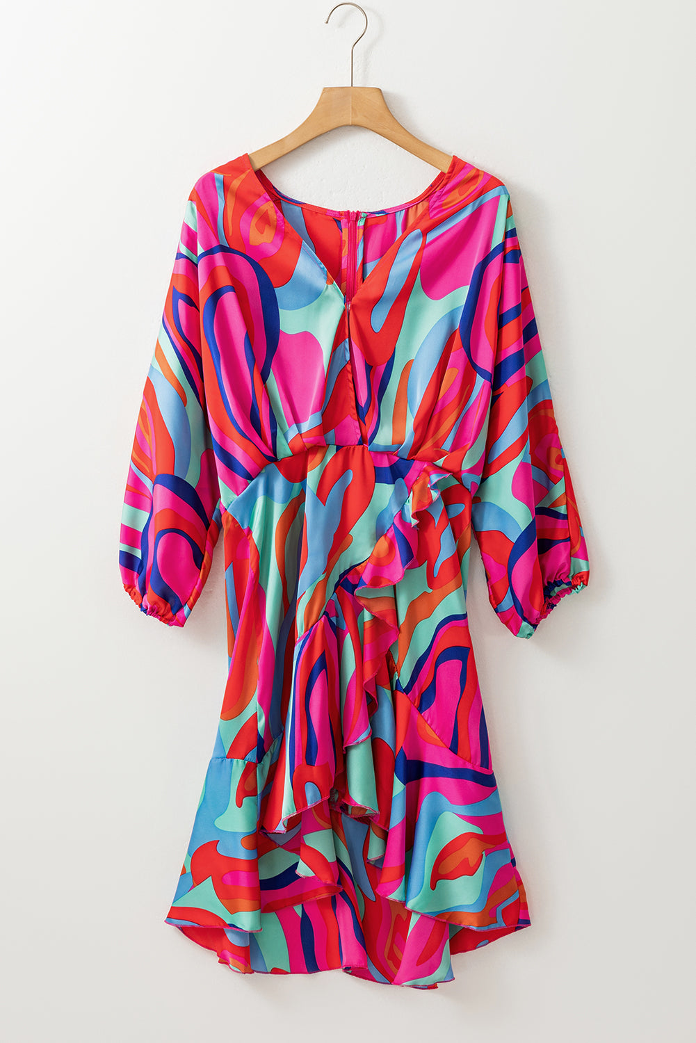 Multicolor Abstract Printed V Neck Dolman Sleeve Ruffle Wrap Dress