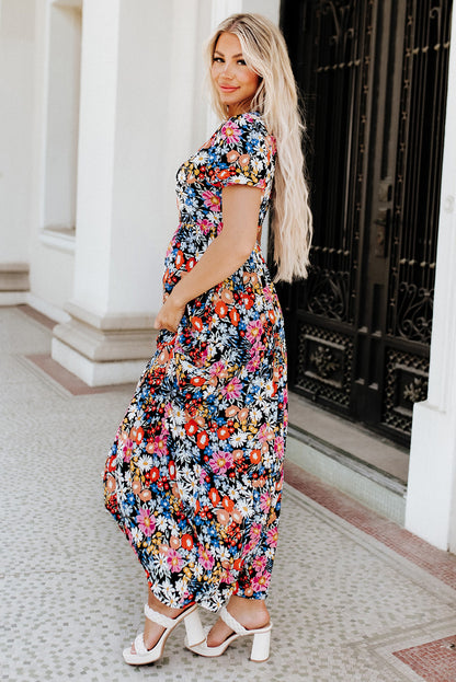 Black Short Sleeve Boho Floral Pattern Tiered Maxi Dress