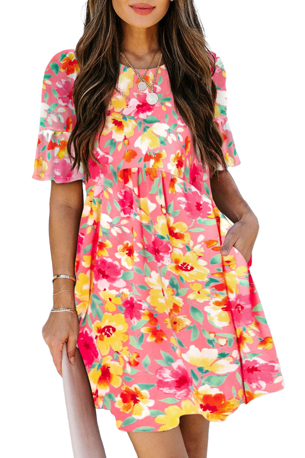 Multicolour Floral Ruffled Sleeve Pocketed Flared Mini Dress