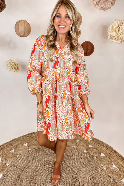 Multicolour Split Neck Puff Sleeve Flowy Printed Dress