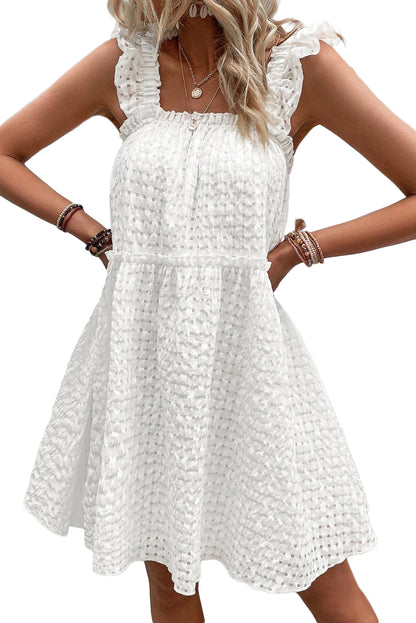 White Plaid Ruffled Straps Flowy Sleeveless Dress