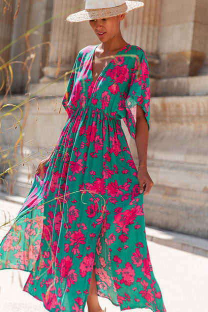 Sea Green Printed V Neck Short Sleeve Split Flared Maxi Dress