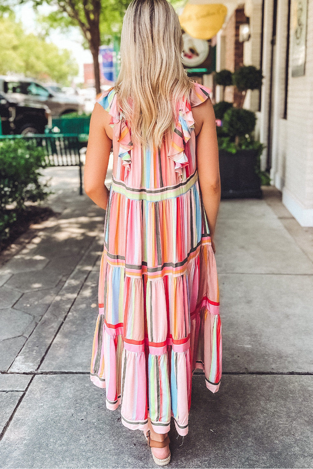 Pink Rainbow Stripe Ruffles Ruched Tiered Dress